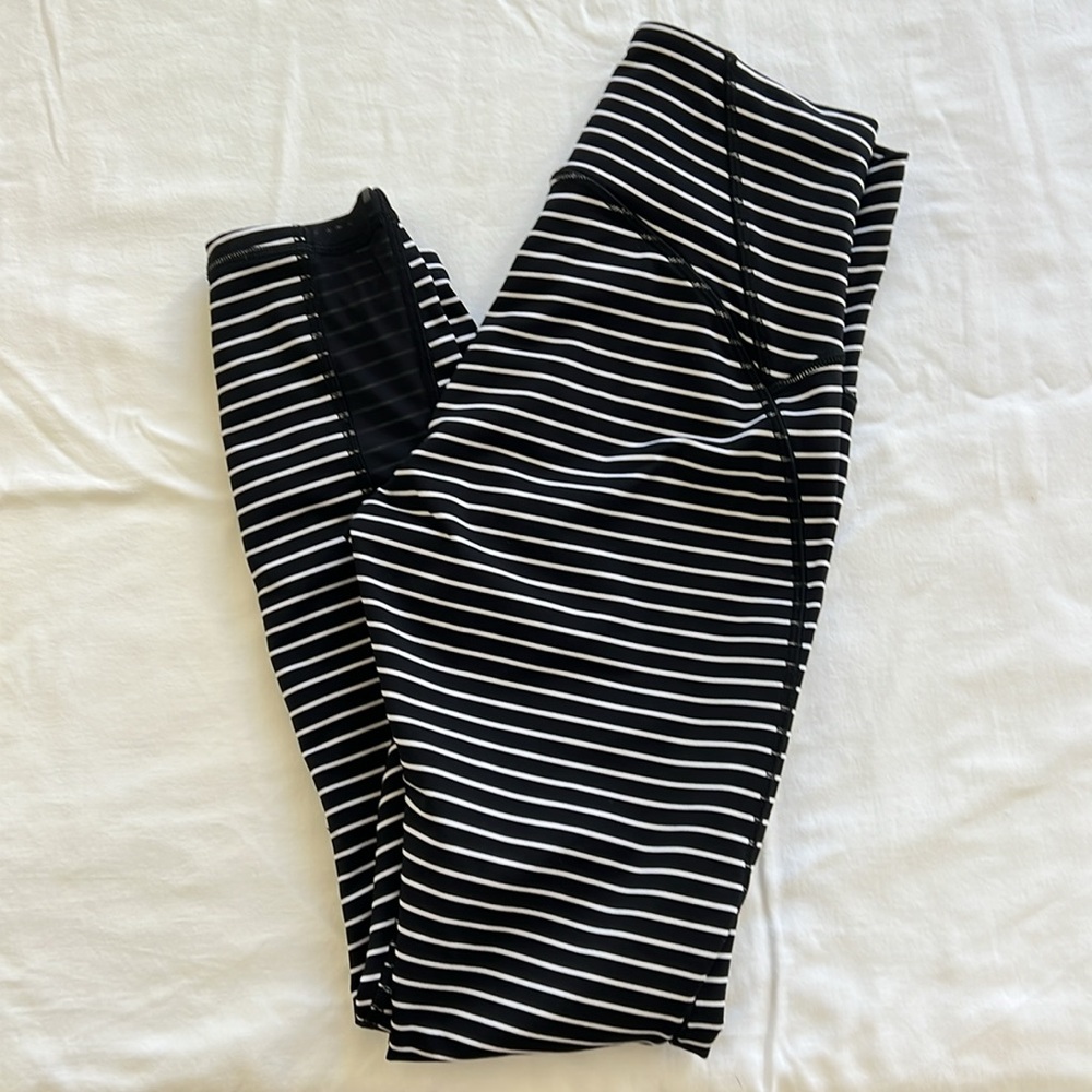 Black and White Striped Leggings with Wide Waistband - Picture 2 of 4